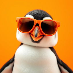 An adorable penguin wearing trendy orange sunglasses, striking a fun pose against a vibrant orange background