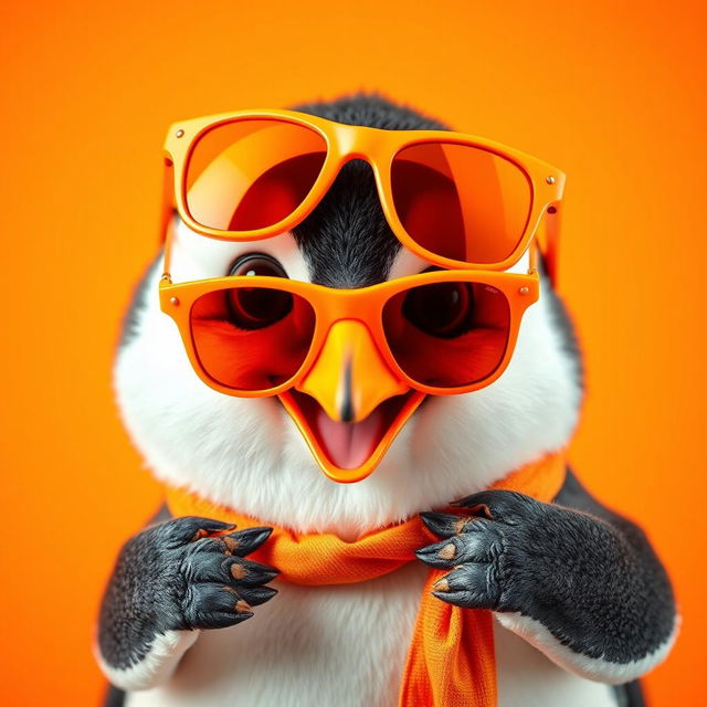 An adorable penguin wearing trendy orange sunglasses, striking a fun pose against a vibrant orange background