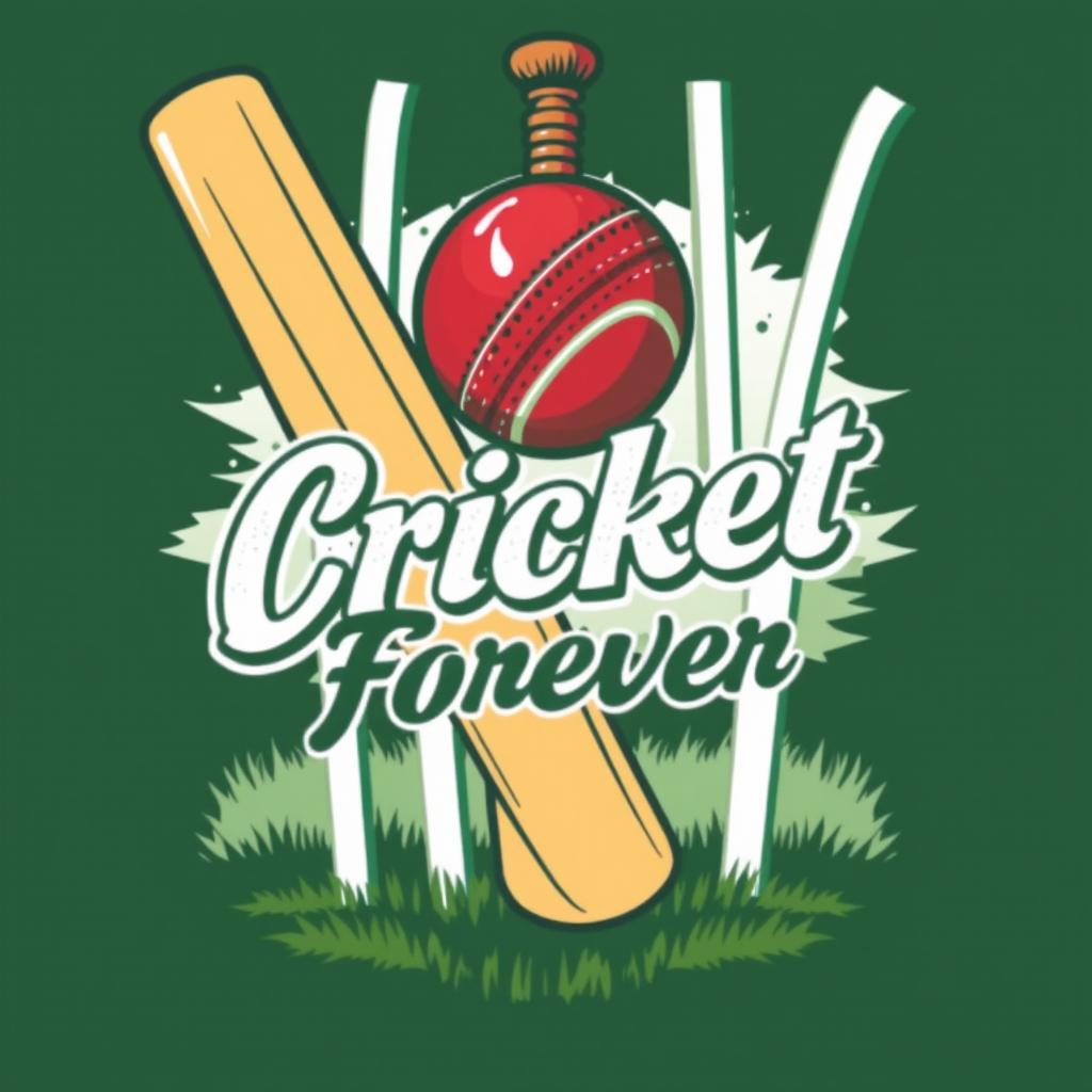 A stylish cricket-themed t-shirt design featuring a cricket bat, a ball, and stumps in the background