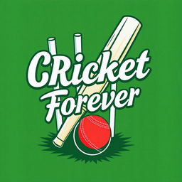 A stylish cricket-themed t-shirt design featuring a cricket bat, a ball, and stumps in the background