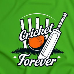 A stylish cricket-themed t-shirt design featuring a cricket bat, a ball, and stumps in the background