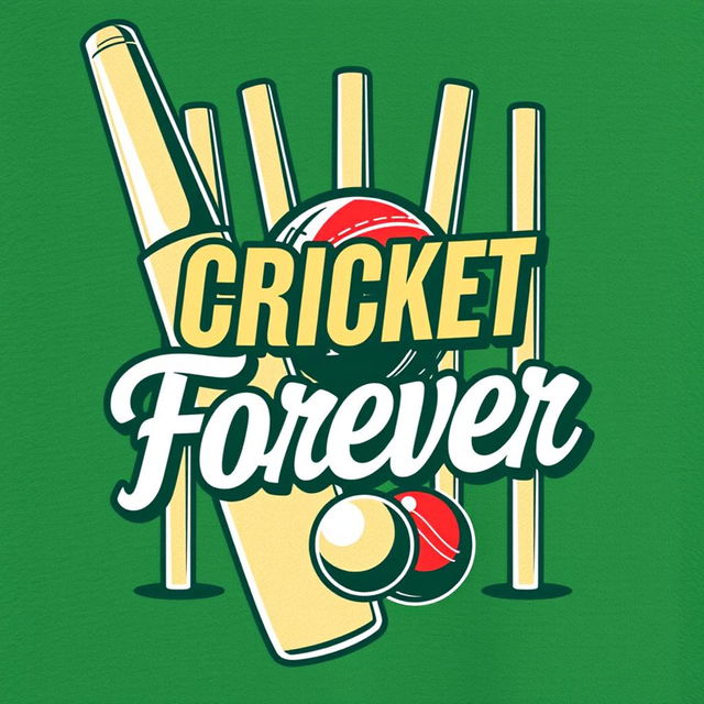 A stylish cricket-themed t-shirt design featuring a cricket bat, a ball, and stumps in the background