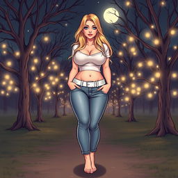 A comic book style illustration of a tall, fat, sexy girl with a beautiful and innocent appearance, featuring a voluptuous body with large breasts and wide, round hips