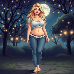 A comic book style illustration of a tall, fat, sexy girl with a beautiful and innocent appearance, featuring a voluptuous body with large breasts and wide, round hips