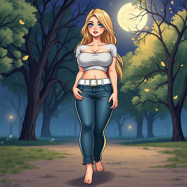 A comic book style illustration of a tall, fat, sexy girl with a beautiful and innocent appearance, featuring a voluptuous body with large breasts and wide, round hips