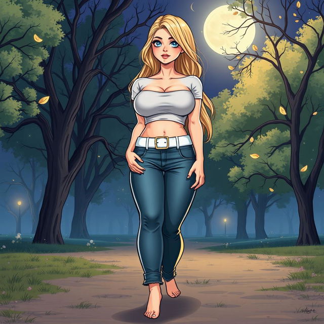 A comic book style illustration of a tall, fat, sexy girl with a beautiful and innocent appearance, featuring a voluptuous body with large breasts and wide, round hips