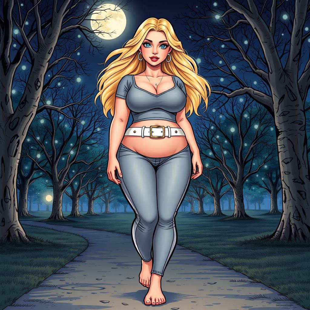 A comic book style illustration of a tall, fat, sexy girl with a beautiful and innocent appearance, featuring a voluptuous body with large breasts and wide, round hips