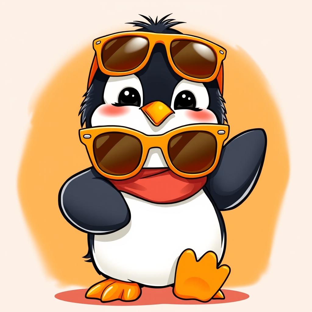 An adorable penguin wearing trendy orange sunglasses, striking a fun pose against a vibrant orange background