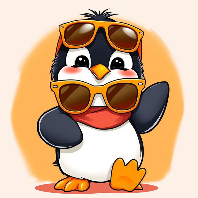 An adorable penguin wearing trendy orange sunglasses, striking a fun pose against a vibrant orange background