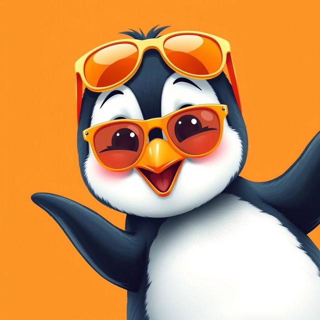 An adorable penguin wearing trendy orange sunglasses, striking a fun pose against a vibrant orange background