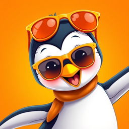 An adorable penguin wearing trendy orange sunglasses, striking a fun pose against a vibrant orange background
