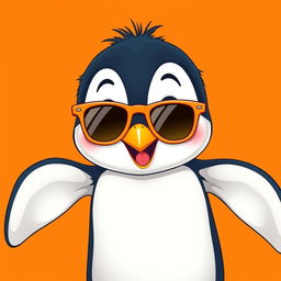 An adorable penguin wearing trendy orange sunglasses, striking a fun pose against a vibrant orange background