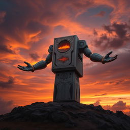 A colossal, towering Titan resembling a speaker, with intricate designs of audio levels and sound waves etched into its surface