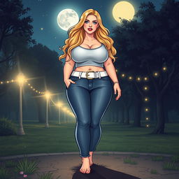 A comic book style illustration of a tall, fat, sexy girl radiating beauty and innocence