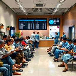 A modern and efficient queue management system in a busy medical clinic, showcasing a diverse group of patients comfortably waiting in a clean, well-organized waiting area