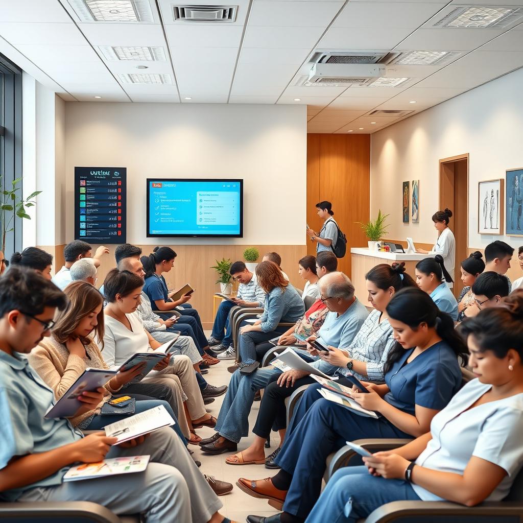A modern and efficient queue management system in a busy medical clinic, showcasing a diverse group of patients comfortably waiting in a clean, well-organized waiting area