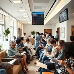 A modern and efficient queue management system in a busy medical clinic, showcasing a diverse group of patients comfortably waiting in a clean, well-organized waiting area