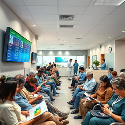 A modern and efficient queue management system in a busy medical clinic, showcasing a diverse group of patients comfortably waiting in a clean, well-organized waiting area