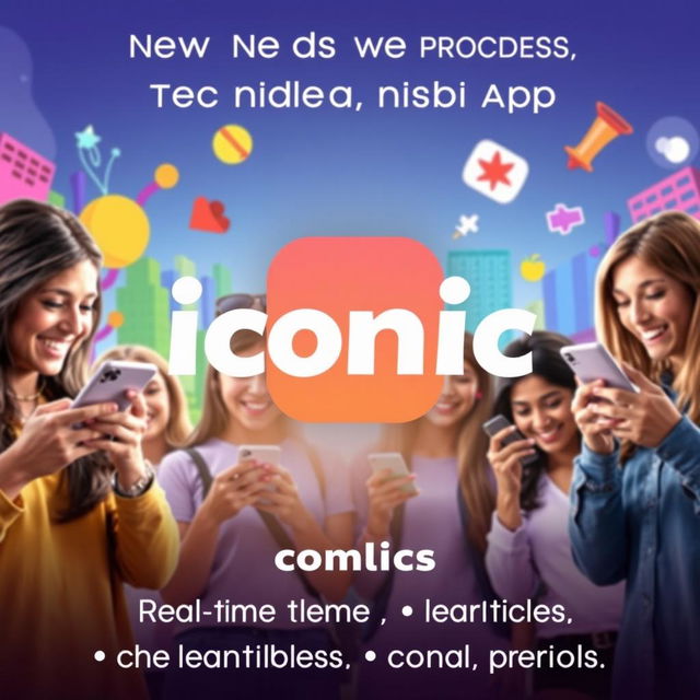 An eye-catching advertisement for a new popular social media mobile app called "Iconic"