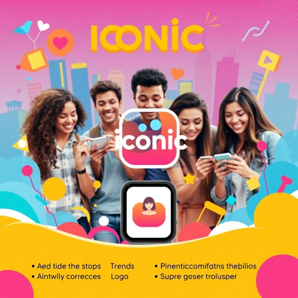 An eye-catching advertisement for a new popular social media mobile app called "Iconic"