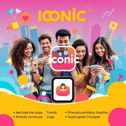 An eye-catching advertisement for a new popular social media mobile app called "Iconic"