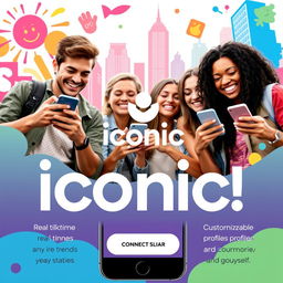 An eye-catching advertisement for a new popular social media mobile app called "Iconic"