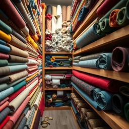 A realistic background image for a fabric store management setting, featuring an array of colorful fabric rolls neatly organized on shelves