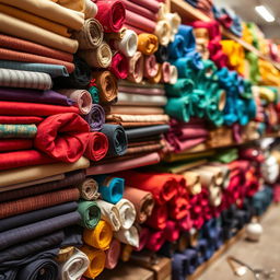A realistic background image for a fabric store management setting, featuring an array of colorful fabric rolls neatly organized on shelves