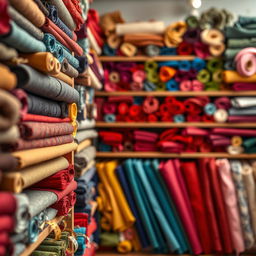 A realistic background image for a fabric store management setting, featuring an array of colorful fabric rolls neatly organized on shelves