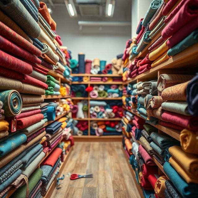 A realistic background image for a fabric store management setting, featuring an array of colorful fabric rolls neatly organized on shelves