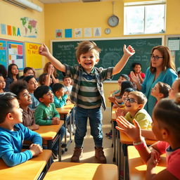 A lively scene in a bright, colorful classroom filled with students