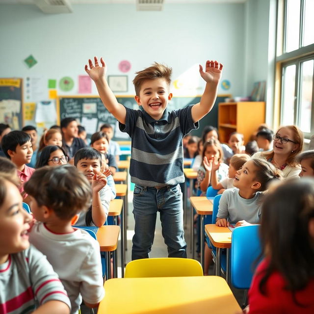 A lively scene in a bright, colorful classroom filled with students