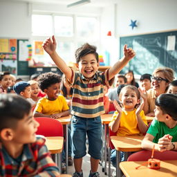 A lively scene in a bright, colorful classroom filled with students