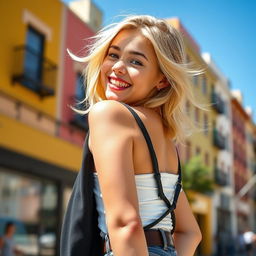 A fashionable blonde girl posing confidently, showcasing her bubble butt