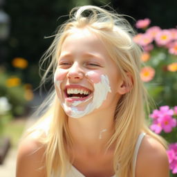 A fun and playful image of a blonde girl laughing with white cream smeared playfully across her face