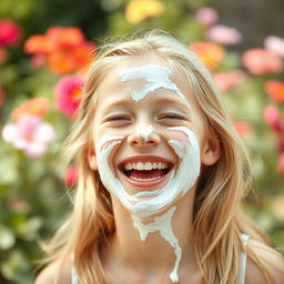 A fun and playful image of a blonde girl laughing with white cream smeared playfully across her face