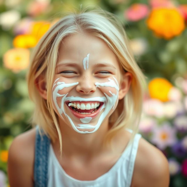 A fun and playful image of a blonde girl laughing with white cream smeared playfully across her face