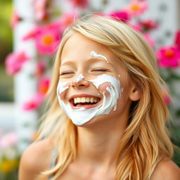 A fun and playful image of a blonde girl laughing with white cream smeared playfully across her face