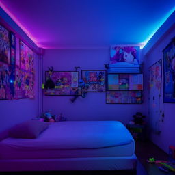 A fresh, vibrant room housing a double bed, neon lighting, a LED-lit ceiling, allocated space for action figures and stuffed toys, and an anime poster-decorated wall.