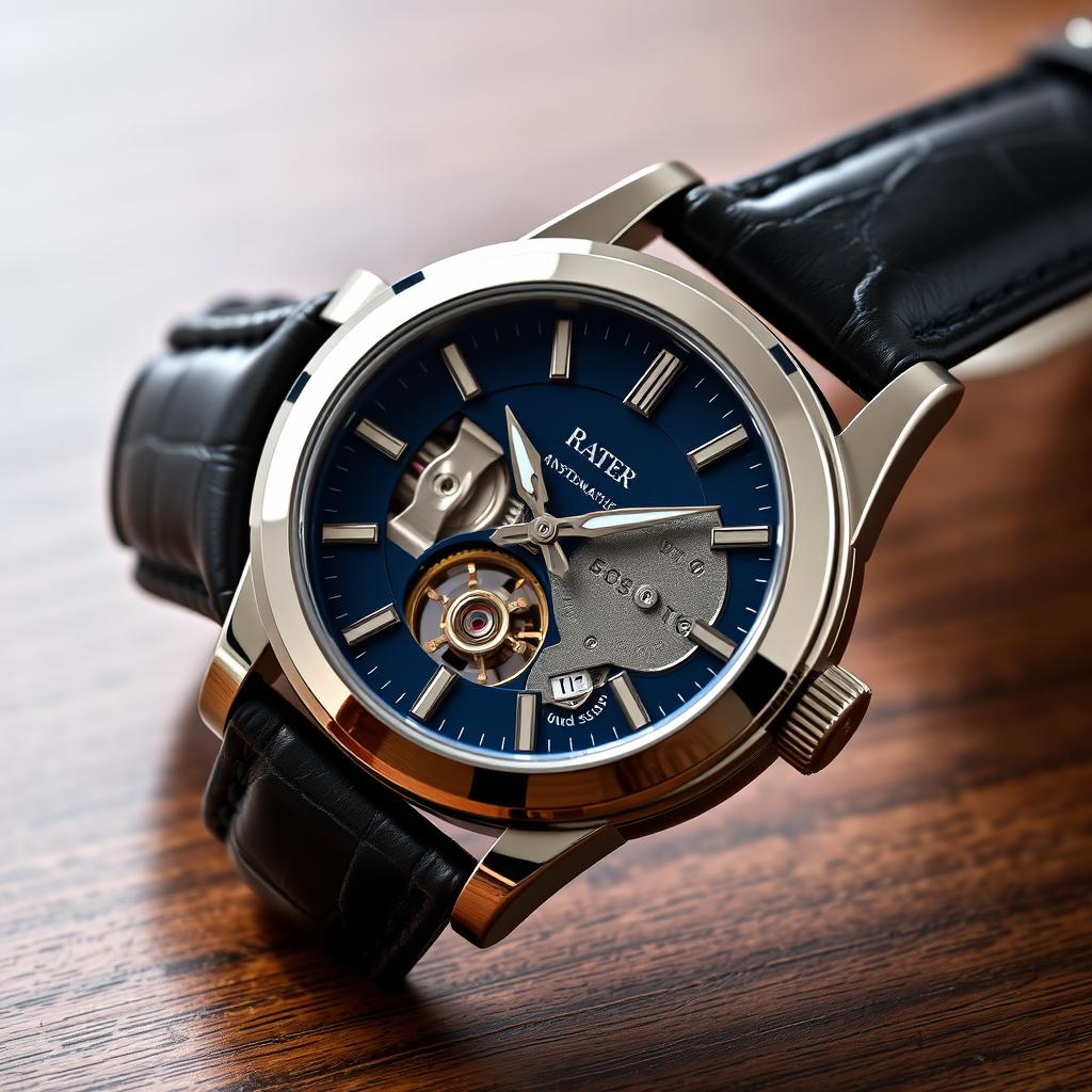 A detailed close-up of a stylish automatic men's wristwatch showcasing elegant design features