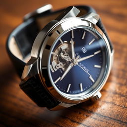 A detailed close-up of a stylish automatic men's wristwatch showcasing elegant design features