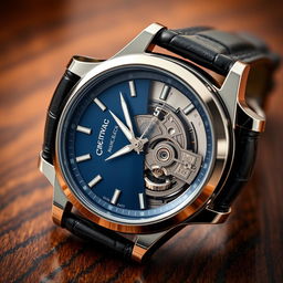 A detailed close-up of a stylish automatic men's wristwatch showcasing elegant design features