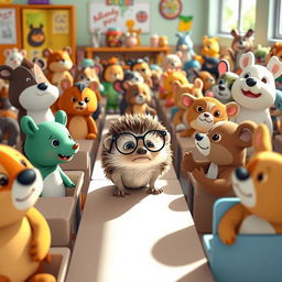 In the brightly colored classroom filled with young animals, a sudden hush falls over the room as all eyes turn to Benny, the small hedgehog with round glasses