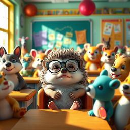 In the brightly colored classroom filled with young animals, a sudden hush falls over the room as all eyes turn to Benny, the small hedgehog with round glasses