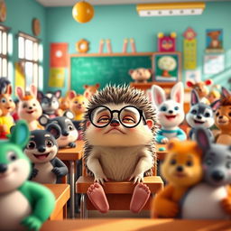 In the brightly colored classroom filled with young animals, a sudden hush falls over the room as all eyes turn to Benny, the small hedgehog with round glasses