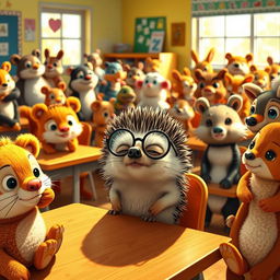 In the brightly colored classroom filled with young animals, a sudden hush falls over the room as all eyes turn to Benny, the small hedgehog with round glasses