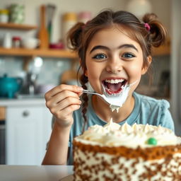 A joyful image of a teenage girl playfully tasting white cake frosting, with some of it smeared adorably on her lips and tongue