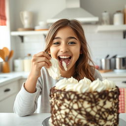 A joyful image of a teenage girl playfully tasting white cake frosting, with some of it smeared adorably on her lips and tongue