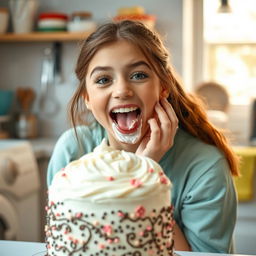 A joyful image of a teenage girl playfully tasting white cake frosting, with some of it smeared adorably on her lips and tongue