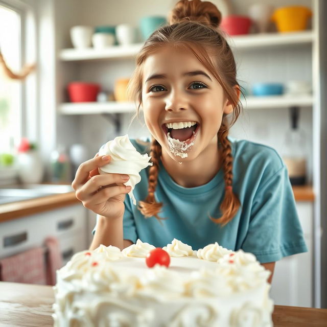 A joyful image of a teenage girl playfully tasting white cake frosting, with some of it smeared adorably on her lips and tongue